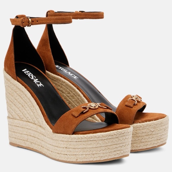 Versace 120mm Medusa Suede Espadrilles | Neiman Marcus VERSACE Medusa coin suede leather espadrilles wedges sandals